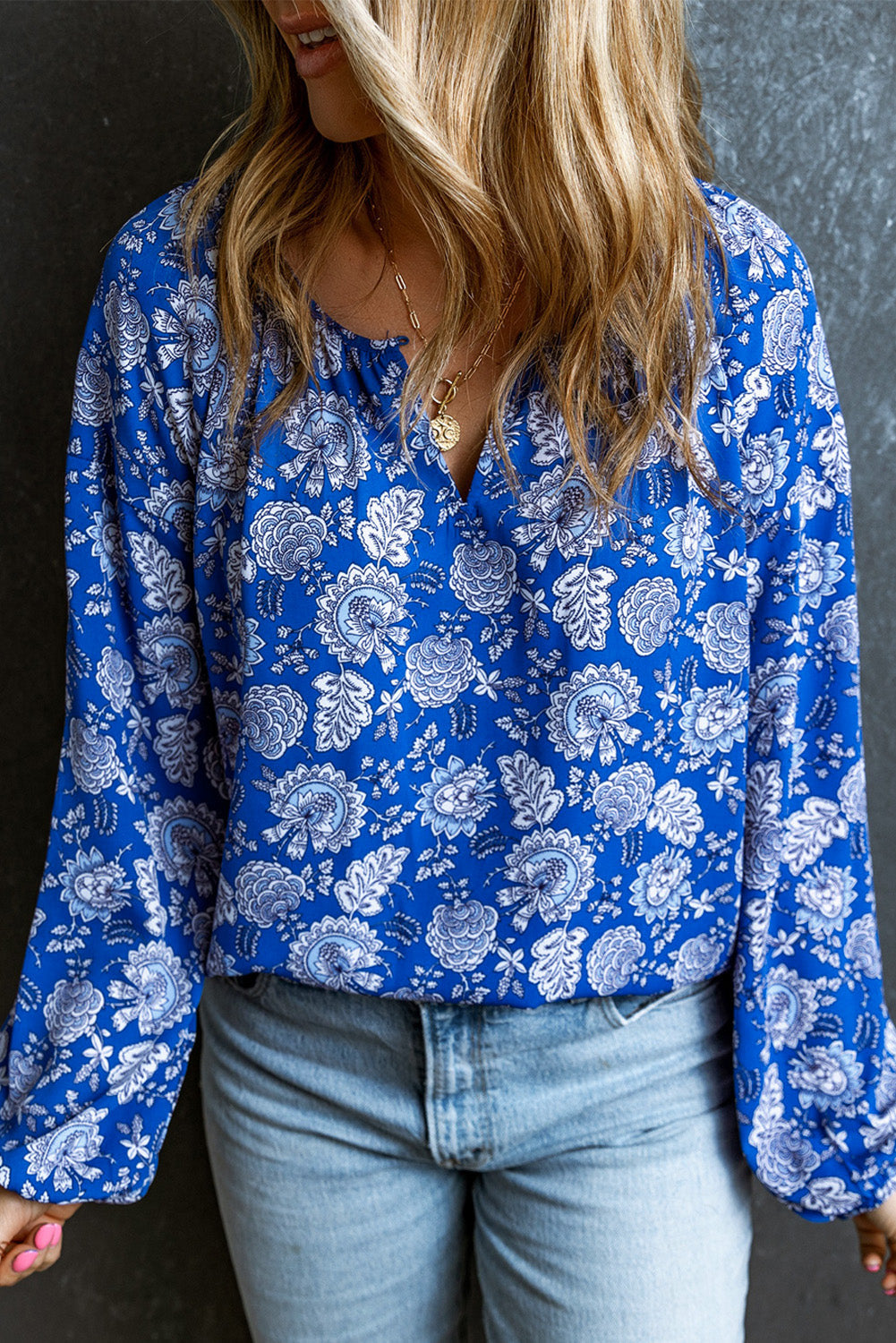 Blue Floral Notched V-Neck Long Sleeve Blouse - eAura