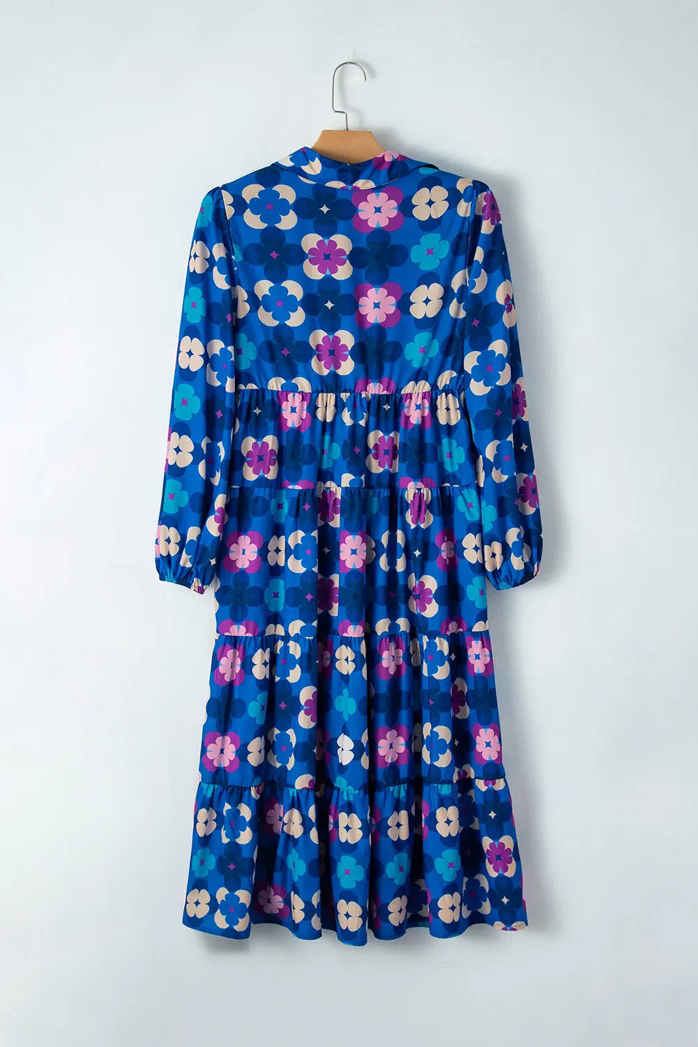 Blue Floral Peasant Sleeve Tiered Ruffle Midi Dress - eAura