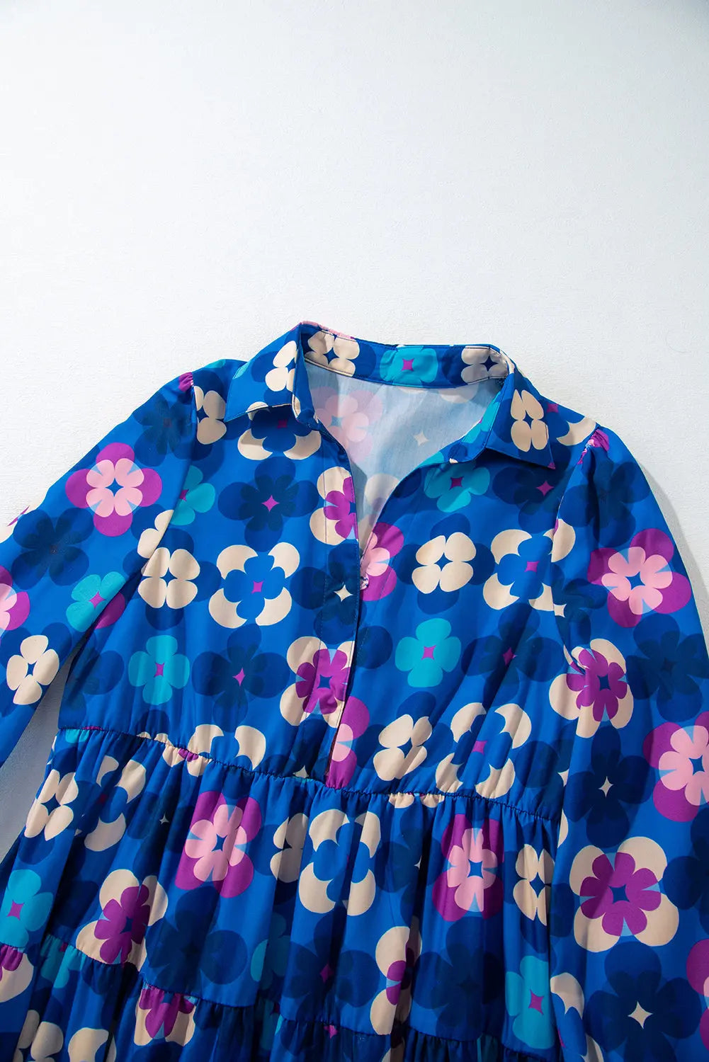 Blue Floral Peasant Sleeve Tiered Ruffle Midi Dress - eAura