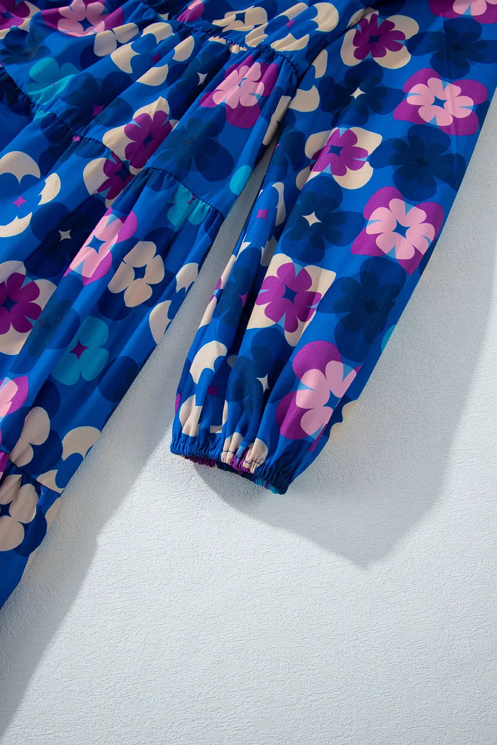 Blue Floral Peasant Sleeve Tiered Ruffle Midi Dress - eAura