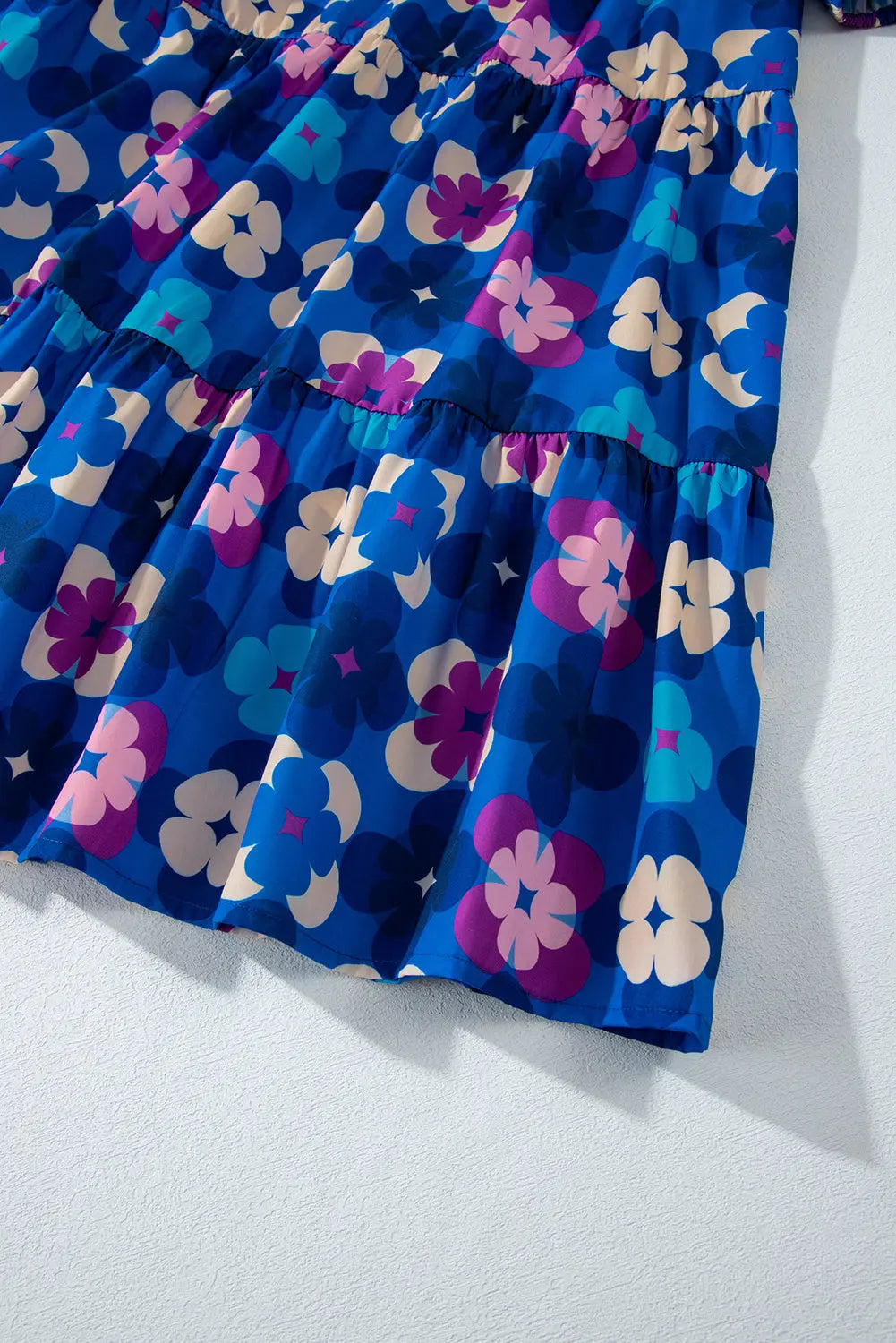 Blue Floral Peasant Sleeve Tiered Ruffle Midi Dress - eAura