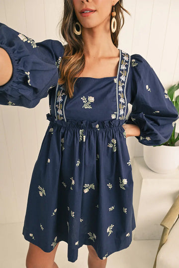 Blue Floral Print Puff Sleeve Babydoll Dress - S - Dresses/Mini Dresses