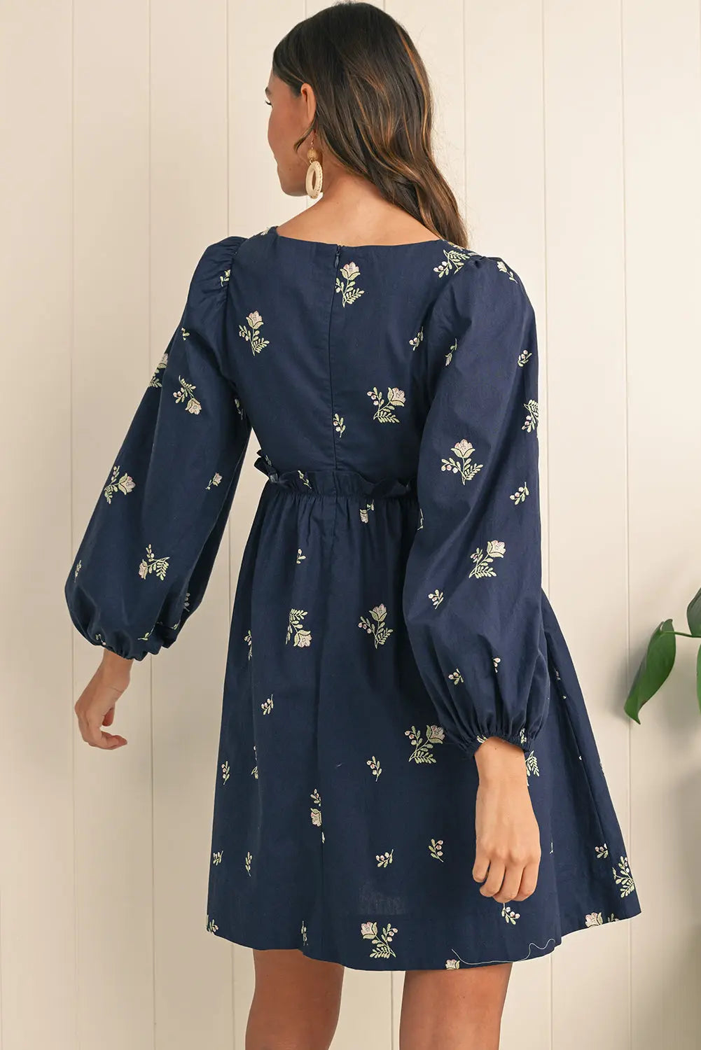 Blue Floral Print Puff Sleeve Babydoll Dress - eAura