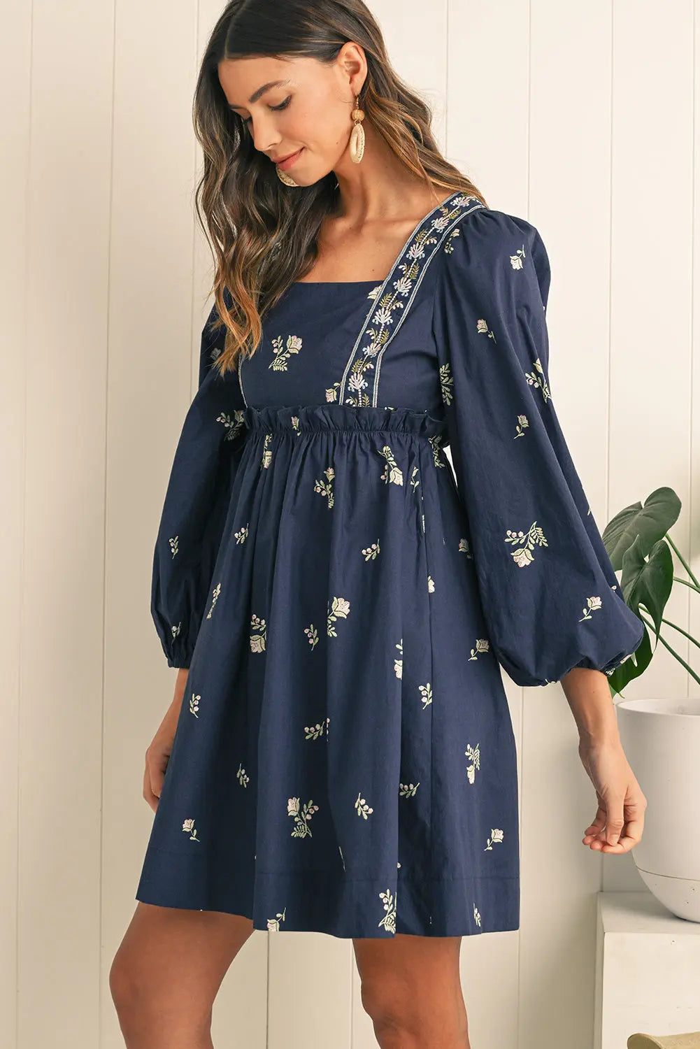 Blue Floral Print Puff Sleeve Babydoll Dress - Dresses/Mini Dresses