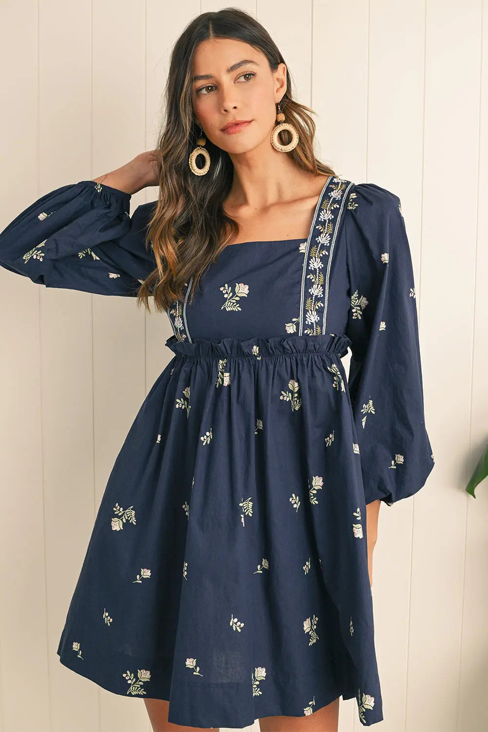 Blue Floral Print Puff Sleeve Babydoll Dress - Dresses/Mini Dresses