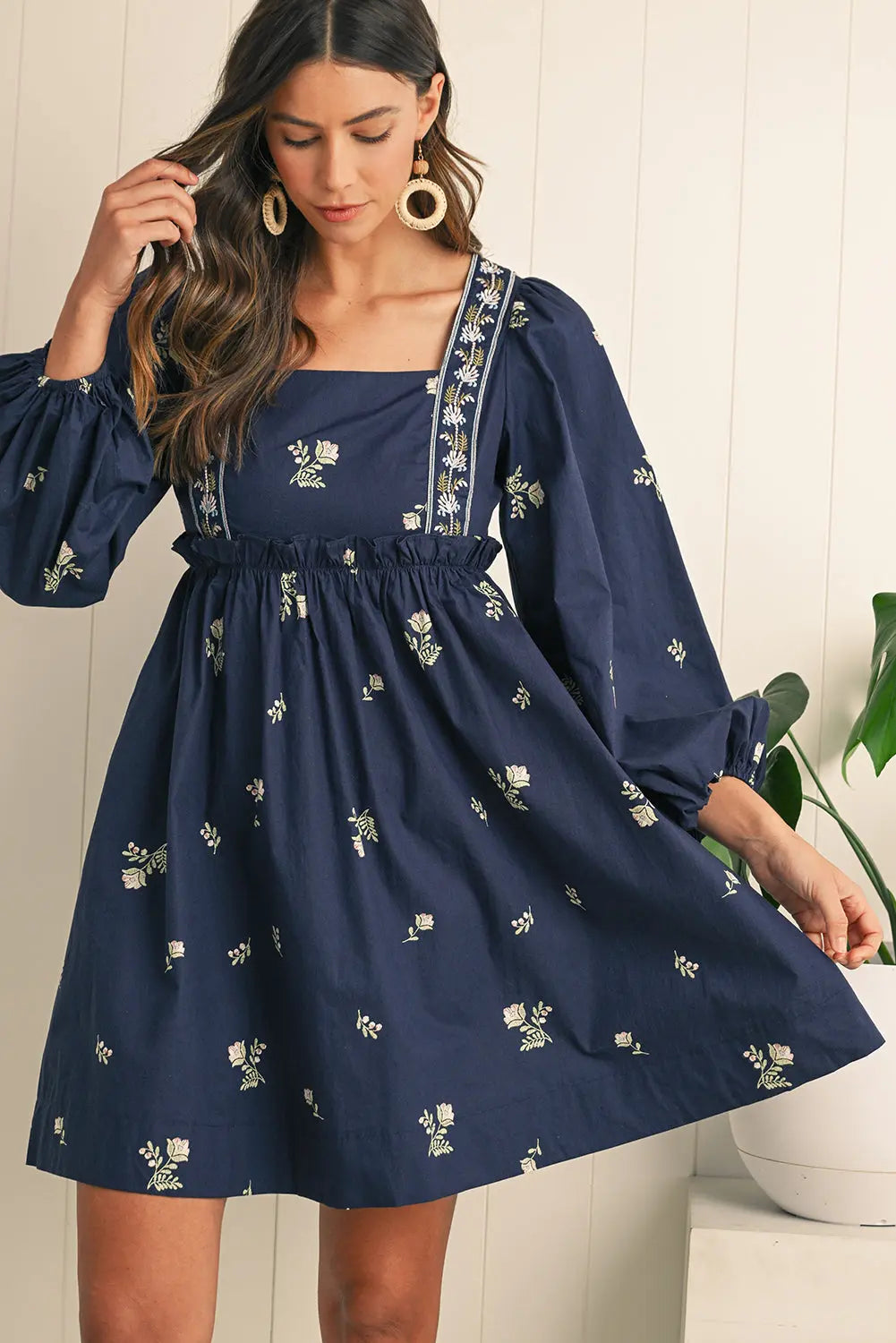 Blue Floral Print Puff Sleeve Babydoll Dress - Dresses/Mini Dresses