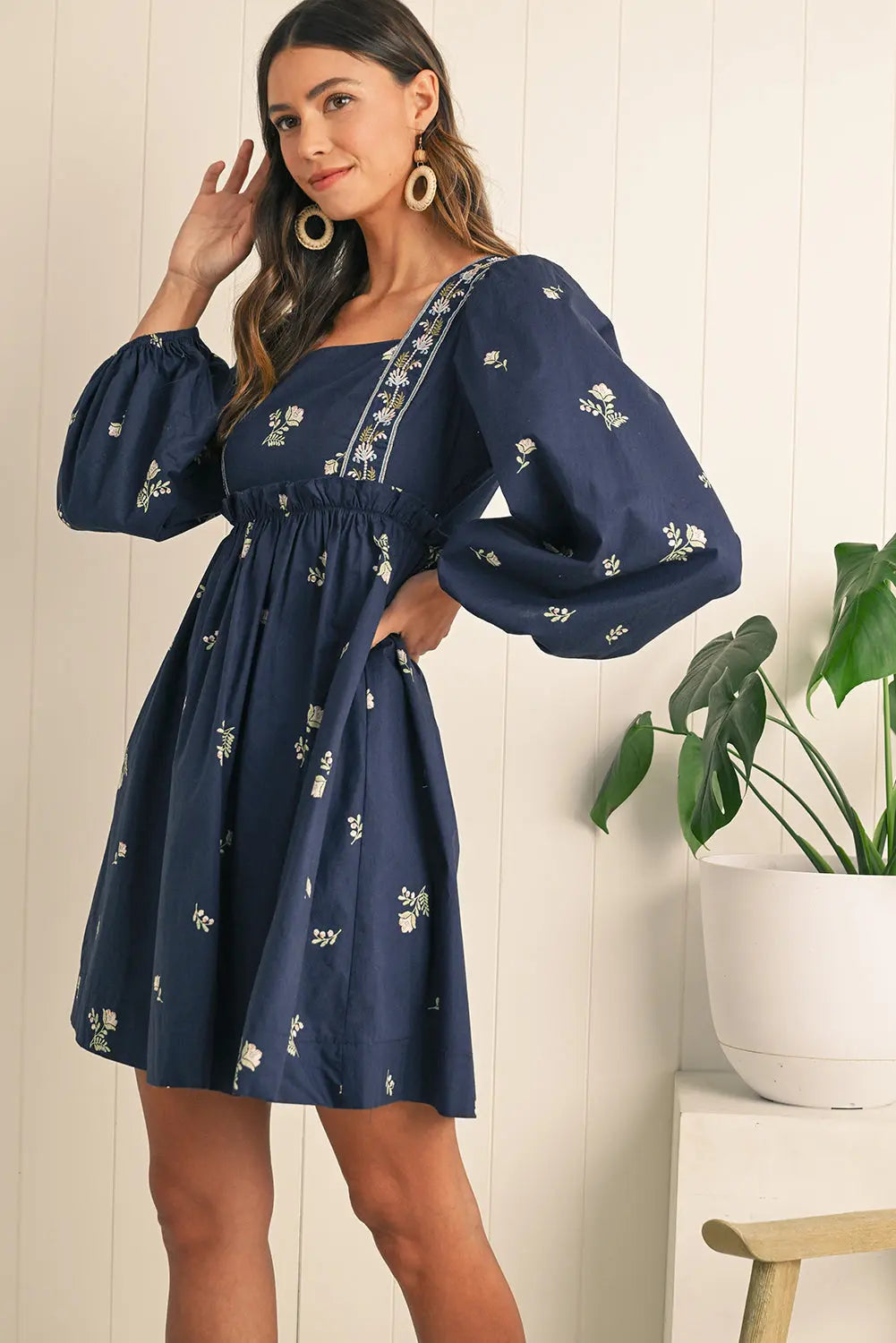 Blue Floral Print Puff Sleeve Babydoll Dress - Dresses/Mini Dresses