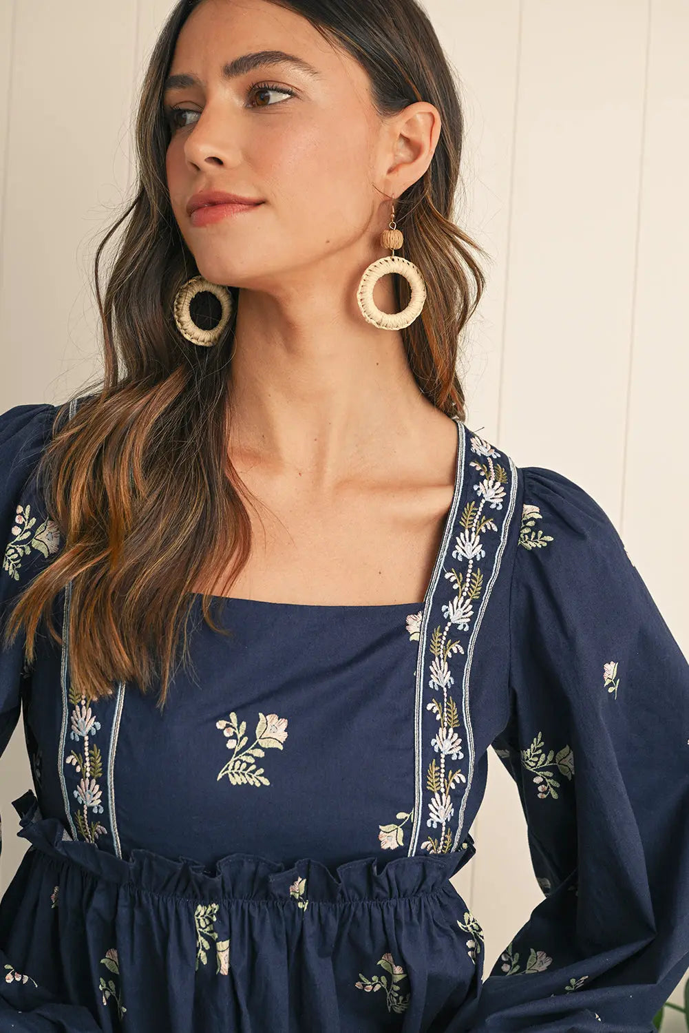Blue Floral Print Puff Sleeve Babydoll Dress - Dresses/Mini Dresses