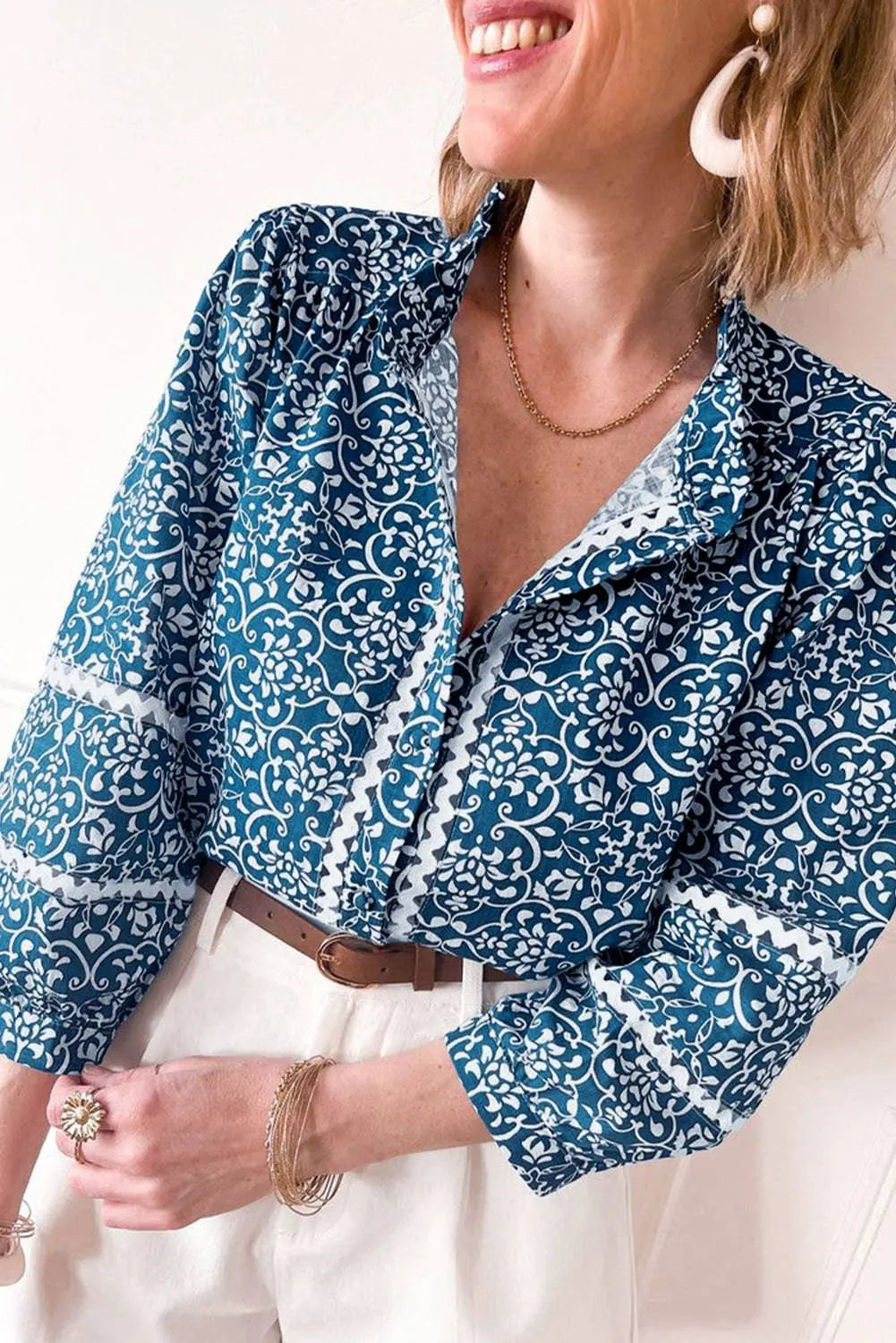 Blue Floral Ric-rac Patchwork Button Loose Fit Shirt - BB Fashion Outlet