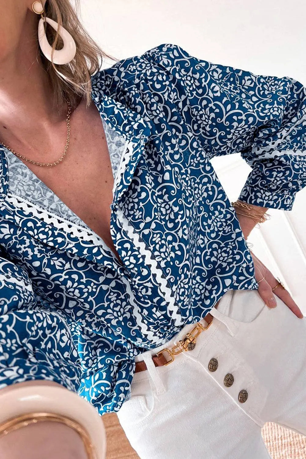 Blue Floral Ric-rac Patchwork Button Loose Fit Shirt - BB Fashion Outlet