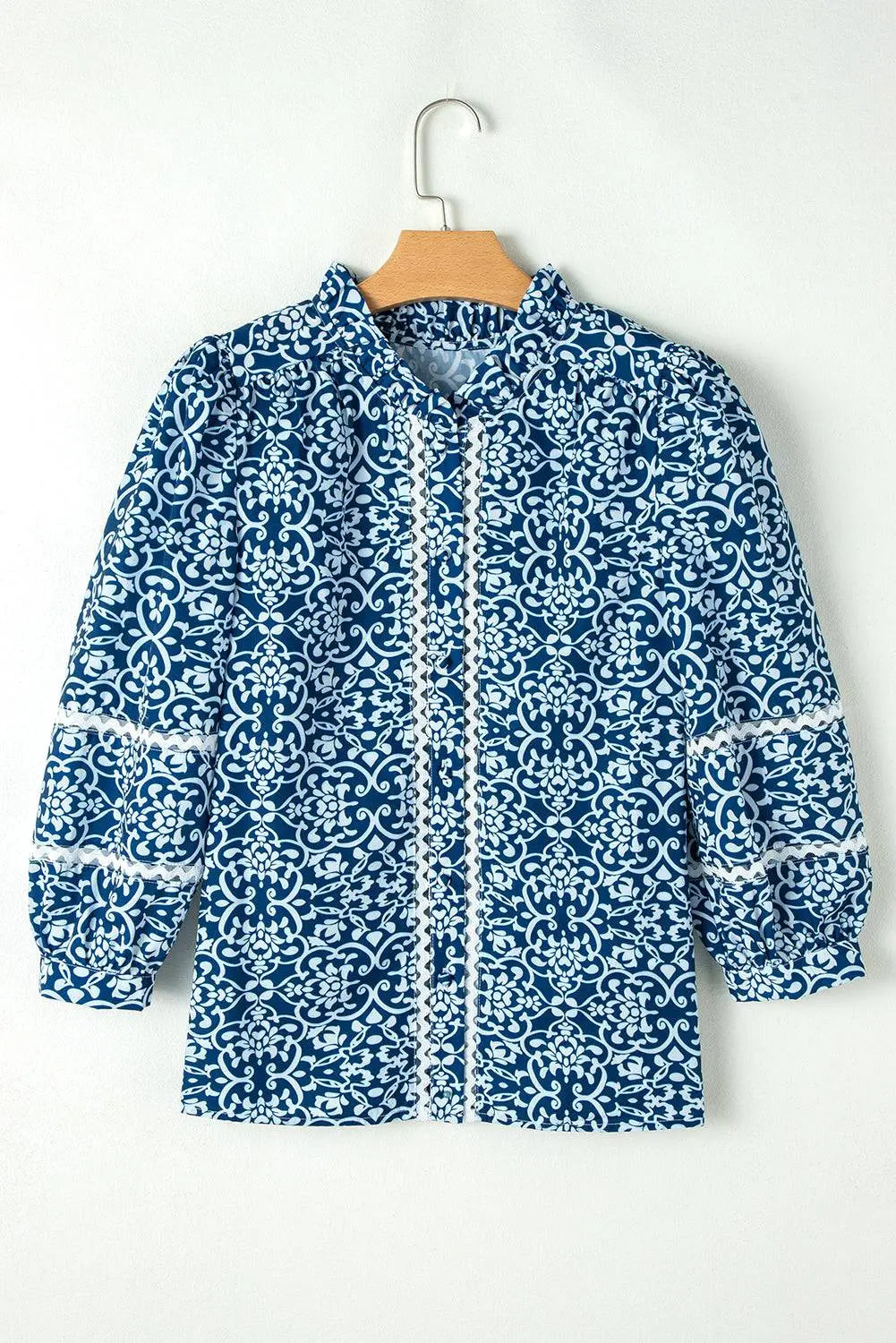 Blue Floral Ric-rac Patchwork Button Loose Fit Shirt - BB Fashion Outlet