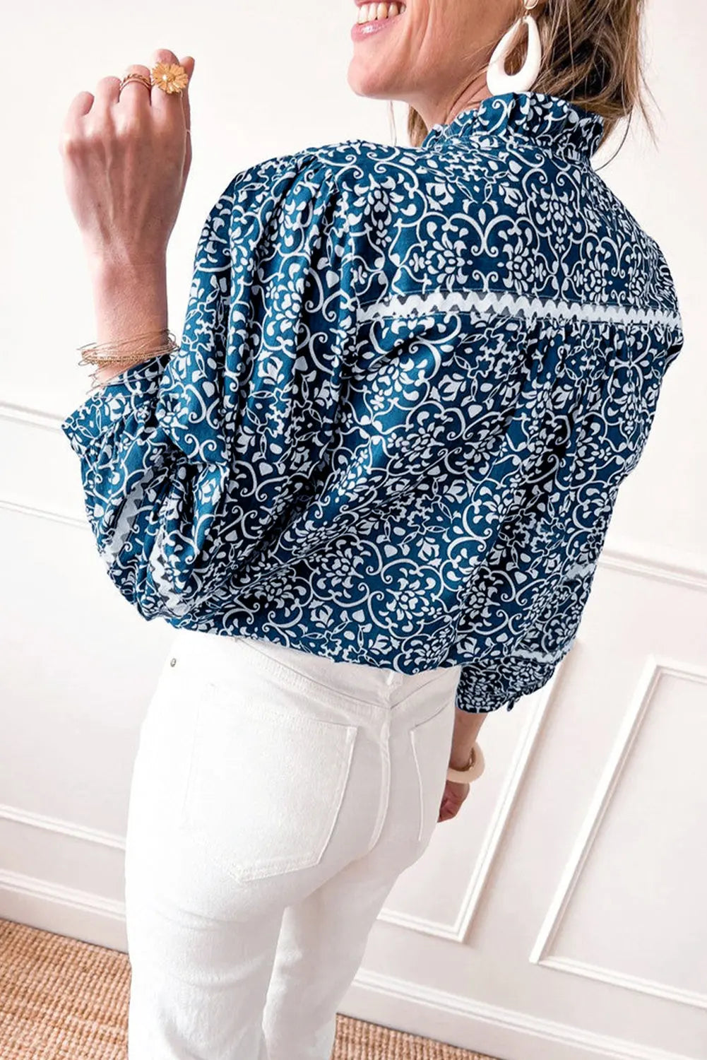 Blue Floral Ric-rac Patchwork Button Loose Fit Shirt - eAura