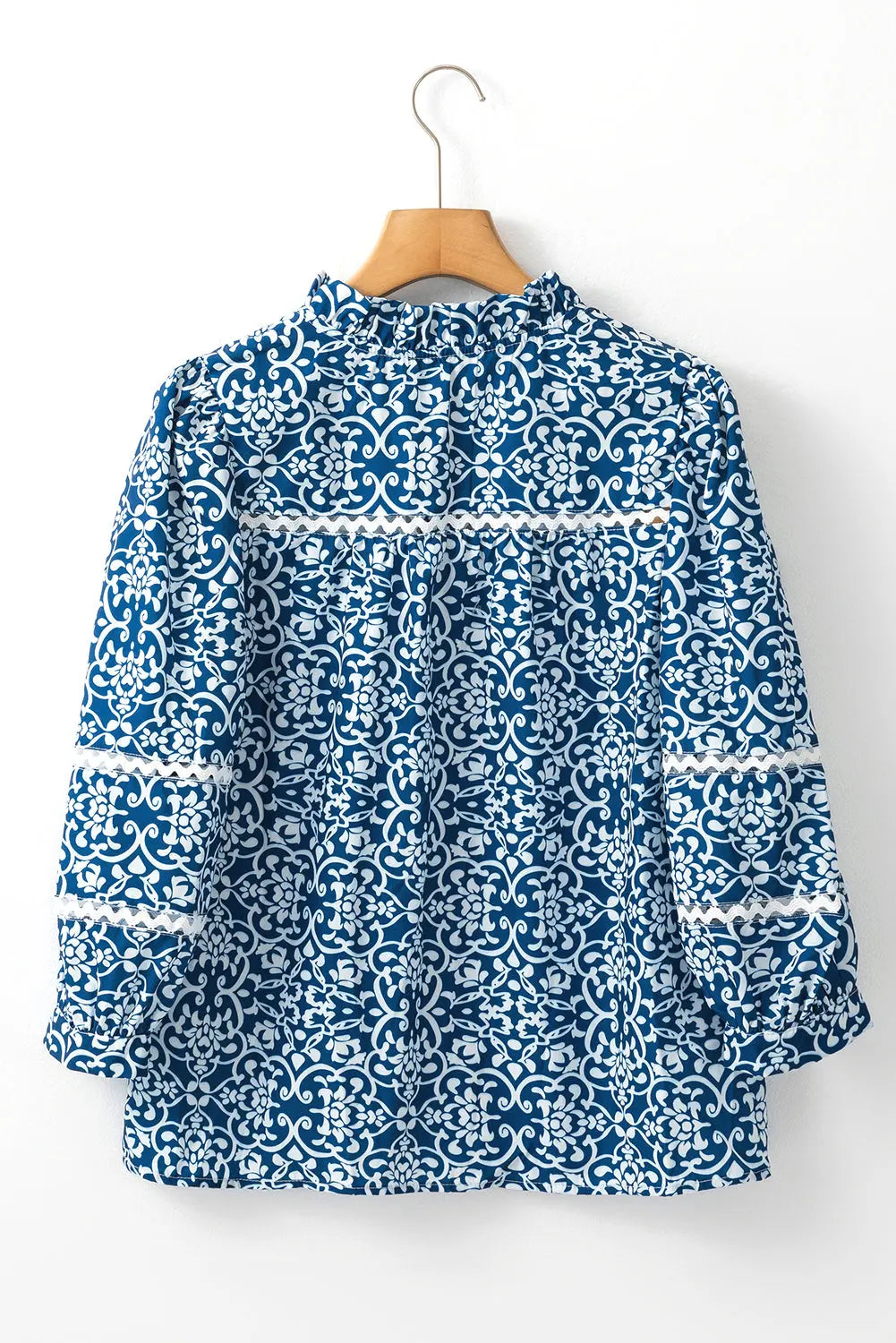 Blue Floral Ric-rac Patchwork Button Loose Fit Shirt - eAura