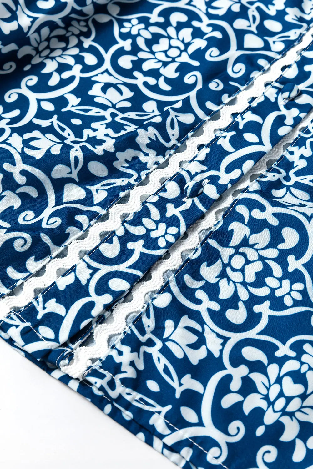 Blue Floral Ric-rac Patchwork Button Loose Fit Shirt - eAura