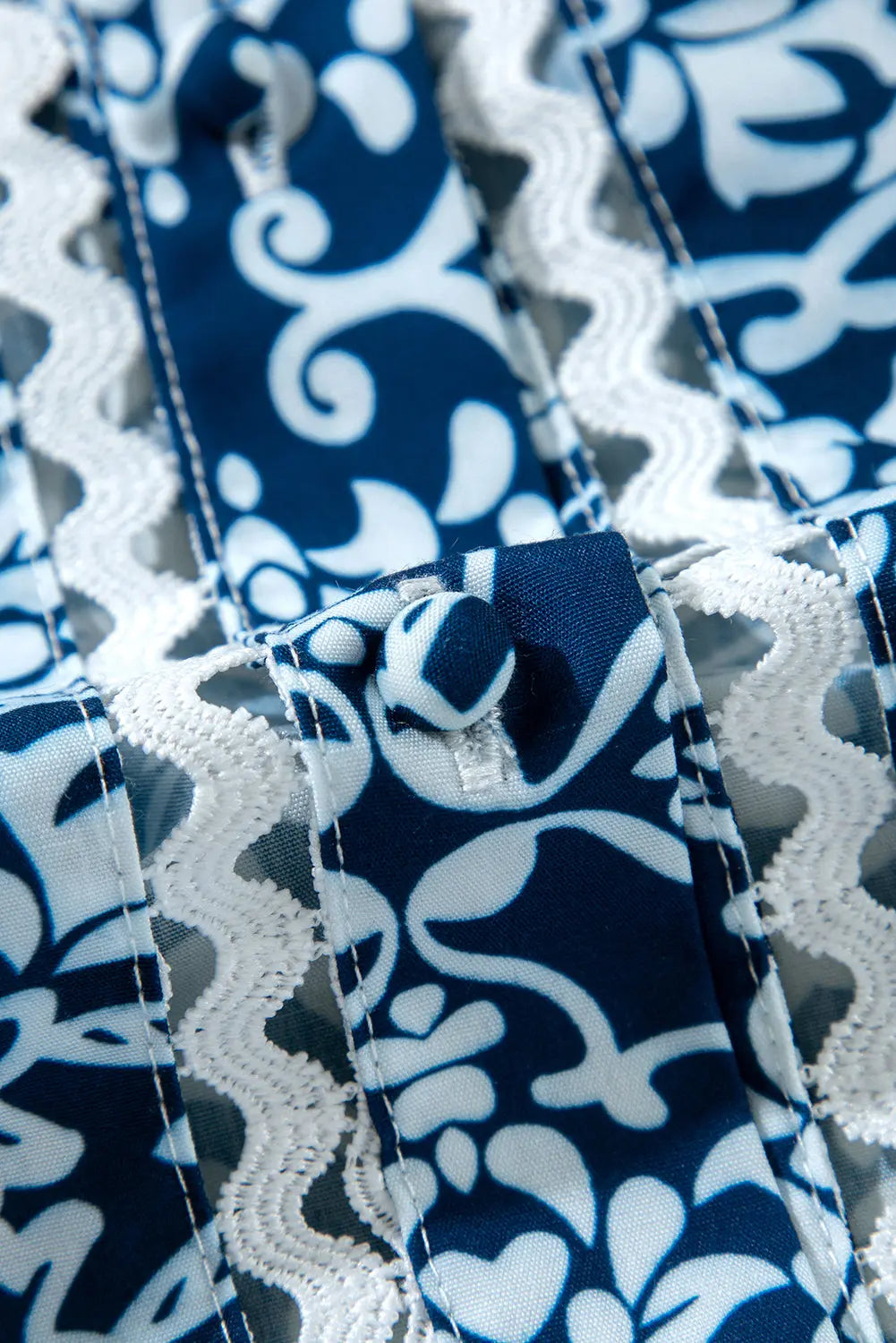 Blue Floral Ric-rac Patchwork Button Loose Fit Shirt - eAura