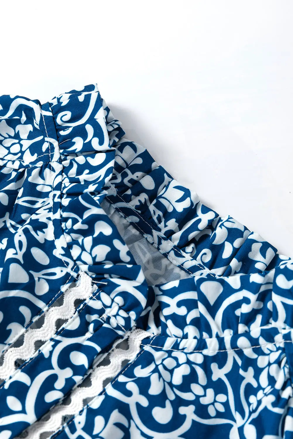 Blue Floral Ric-rac Patchwork Button Loose Fit Shirt - eAura