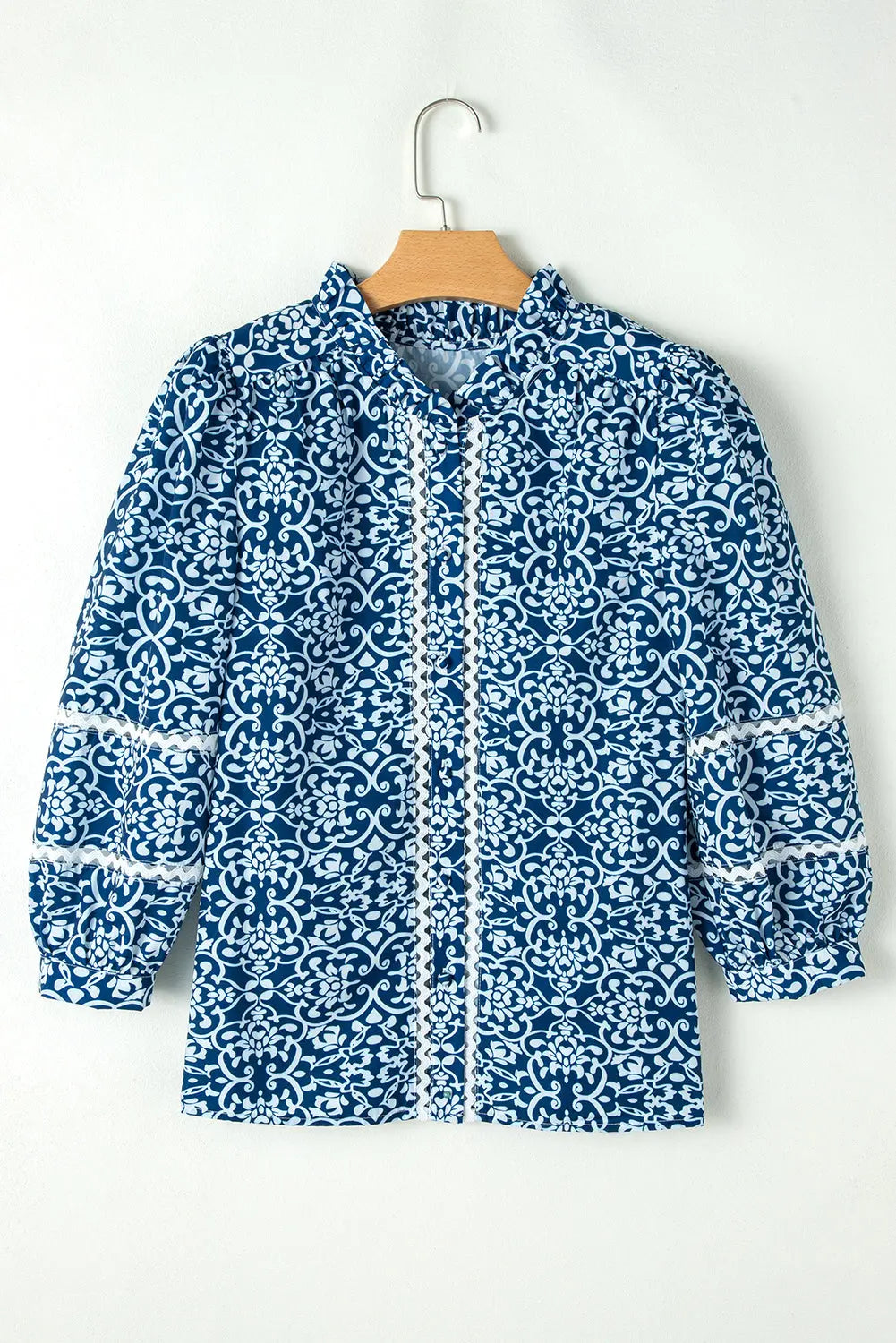 Blue Floral Ric-rac Patchwork Button Loose Fit Shirt - eAura
