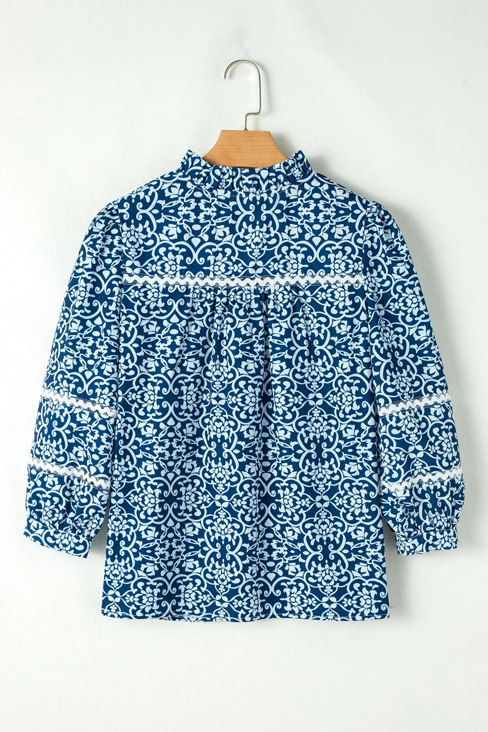 Blue Floral Ric-rac Patchwork Button Loose Fit Shirt - eAura