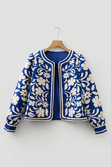 Blue Flower Print Open Front Buttoned Cuffs Elegant Jacket - Outerwear/Jackets