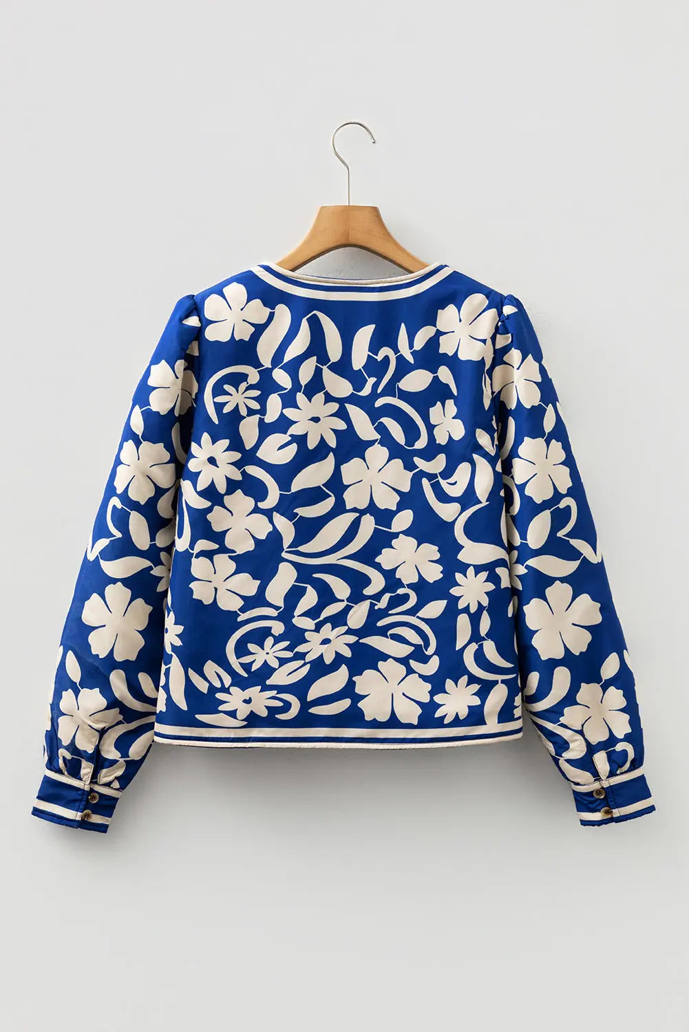 Blue Flower Print Open Front Buttoned Cuffs Elegant Jacket - eAura