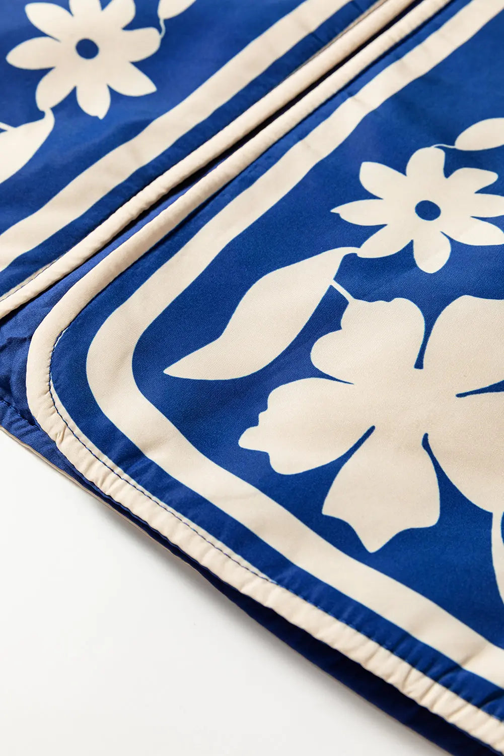 Blue Flower Print Open Front Buttoned Cuffs Elegant Jacket - eAura