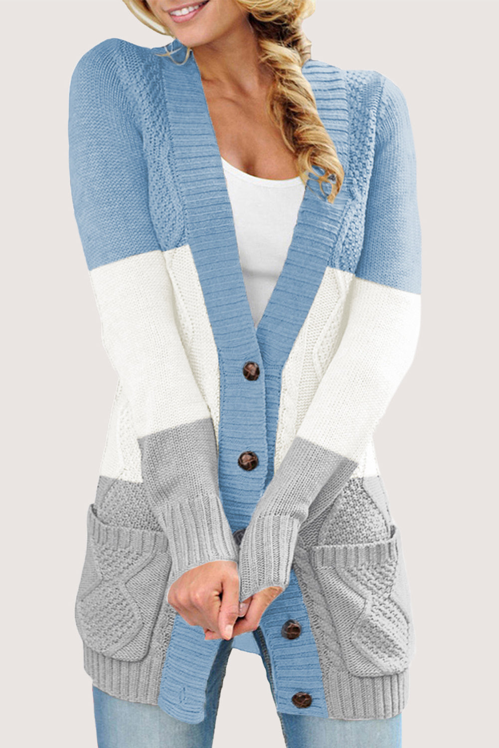 Blue Front Pocket and Buttons Closure Cardigan - eAura