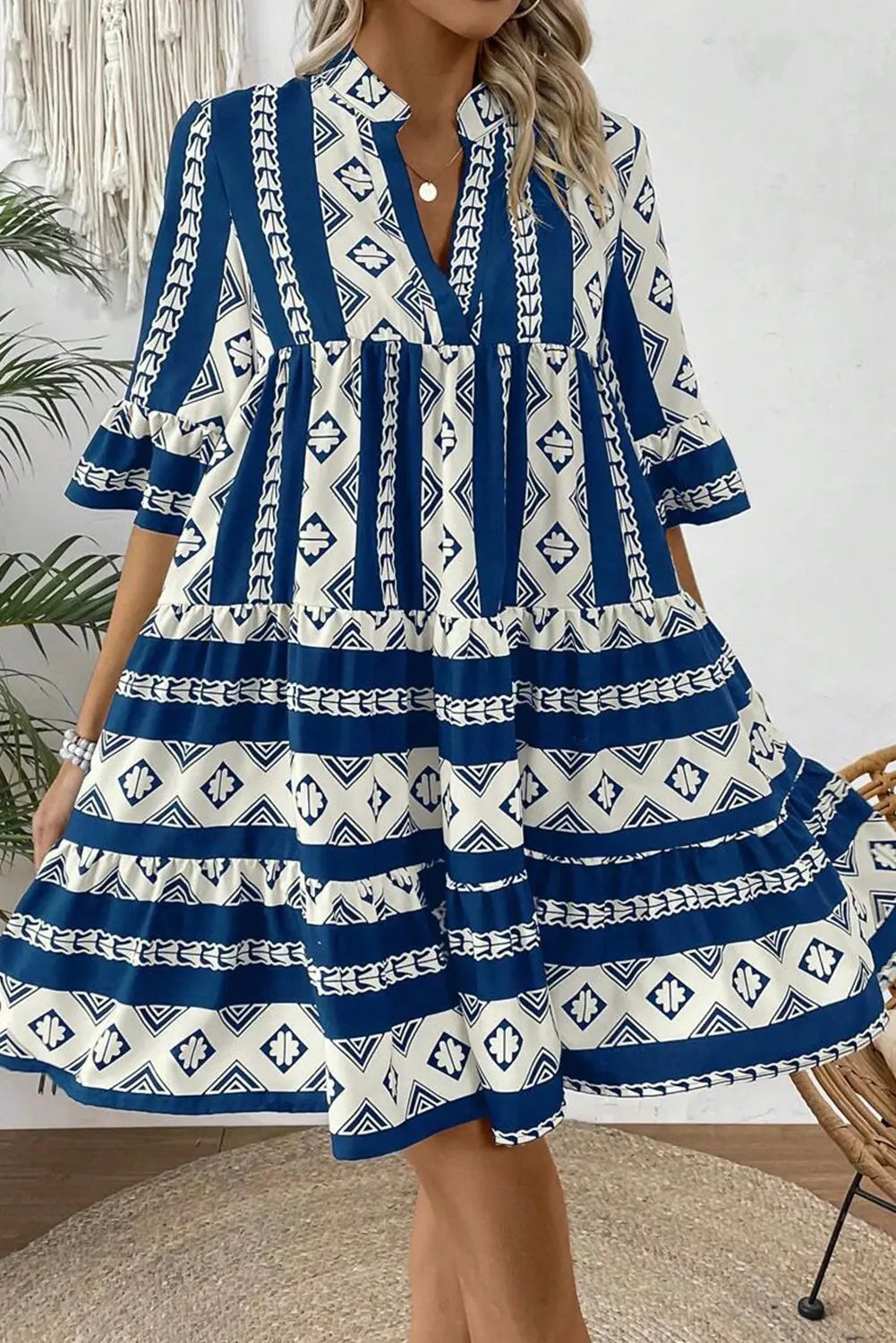 Blue Geometric Print V Neck Ruffled Dress Beagle Boutique Fashion Outlet