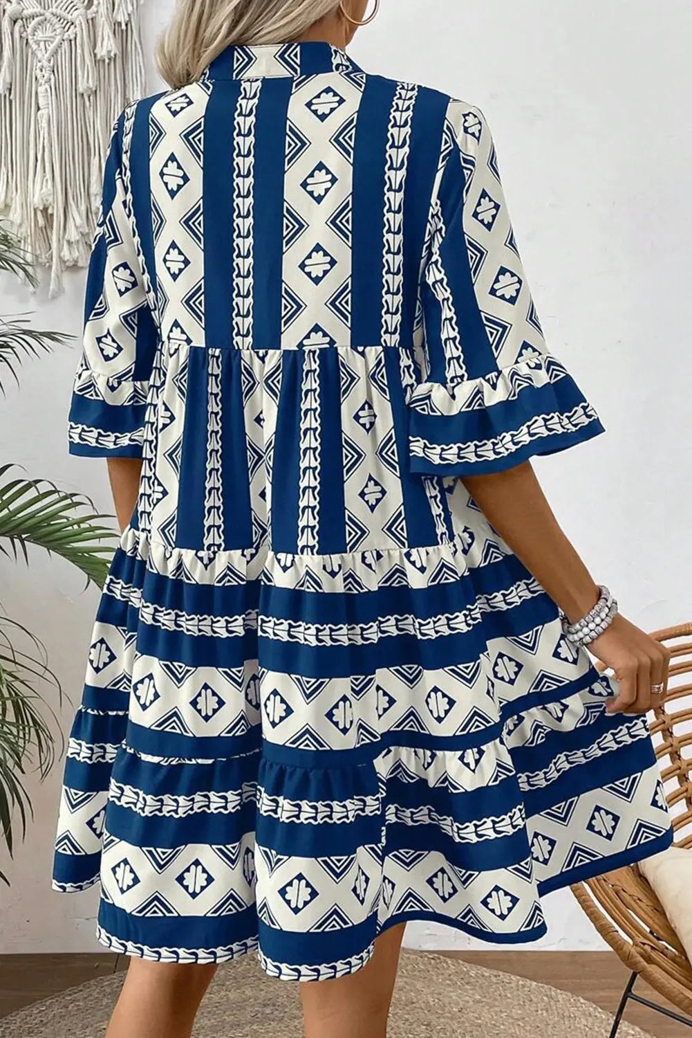 Blue Geometric Print V Neck Ruffled Dress Beagle Boutique Fashion Outlet