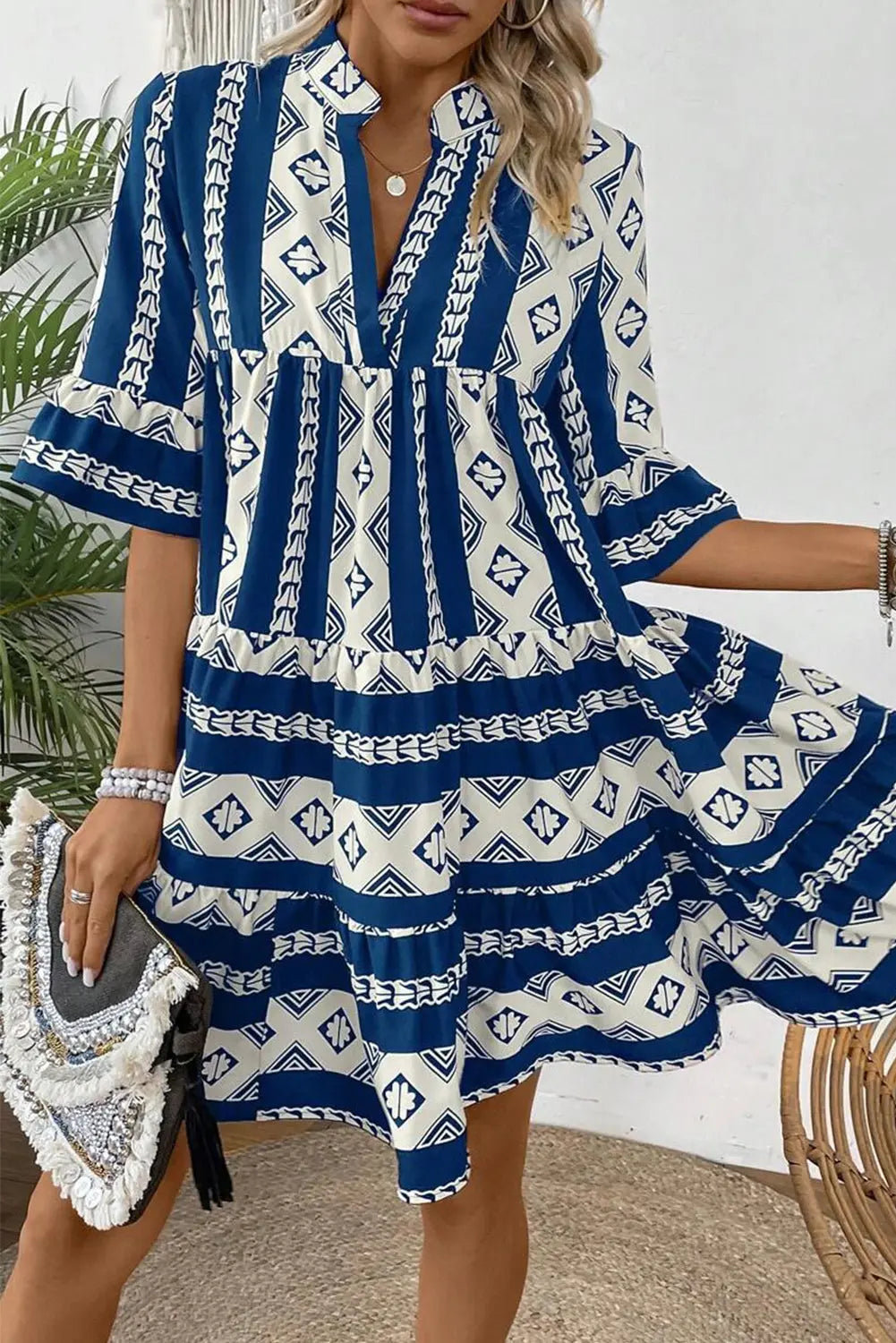 Blue Geometric Print V Neck Ruffled Dress Beagle Boutique Fashion Outlet