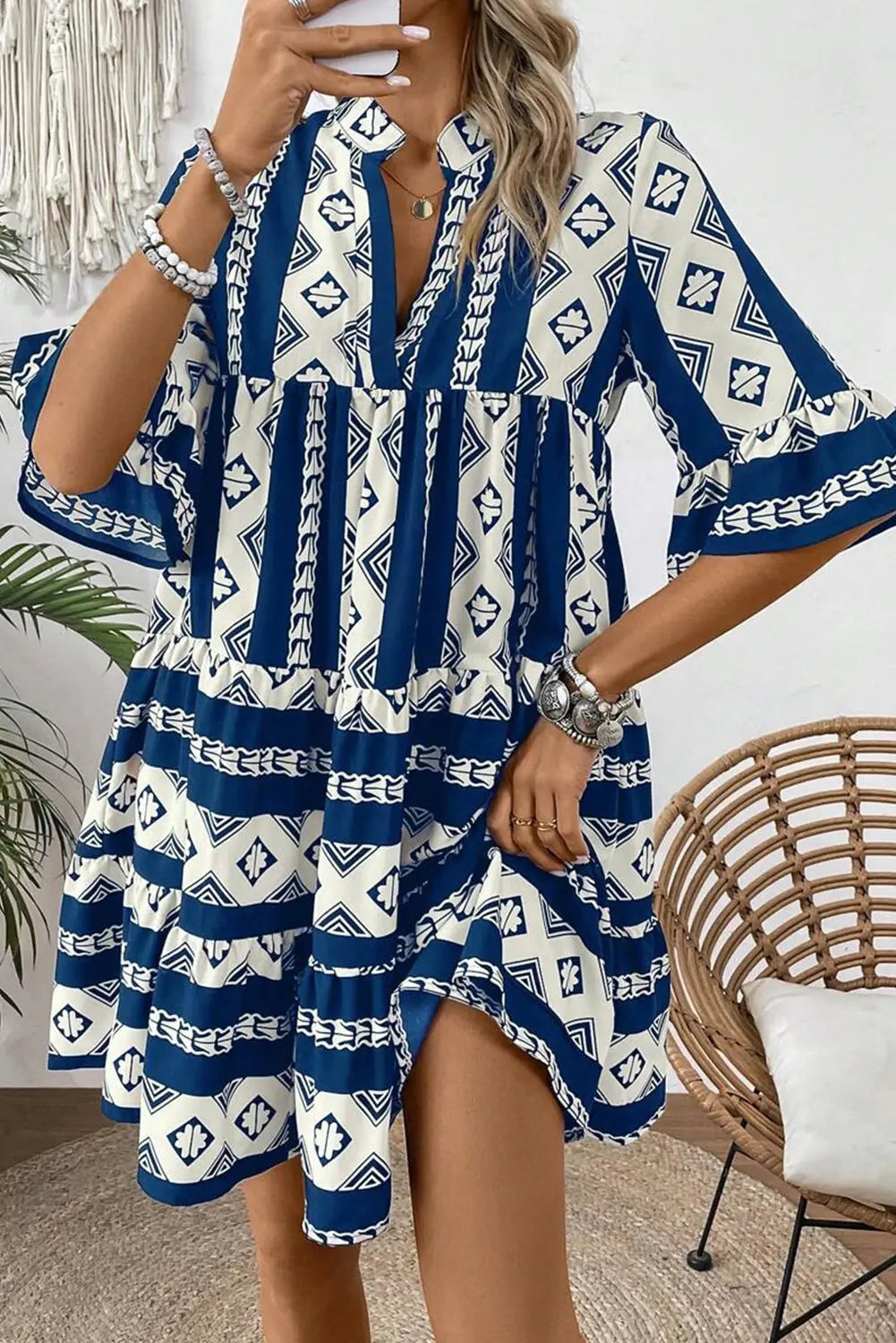Blue Geometric Print V Neck Ruffled Dress Beagle Boutique Fashion Outlet