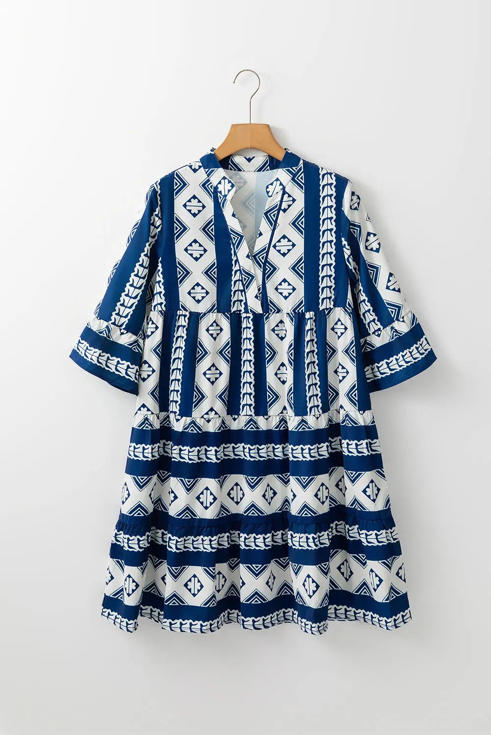 Blue Geometric Print V Neck Ruffled Dress Beagle Boutique Fashion Outlet