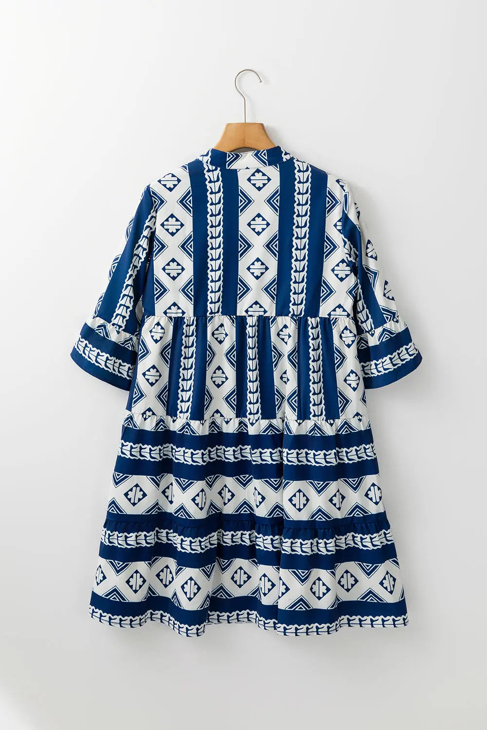 Blue Geometric Print V Neck Ruffled Dress Beagle Boutique Fashion Outlet