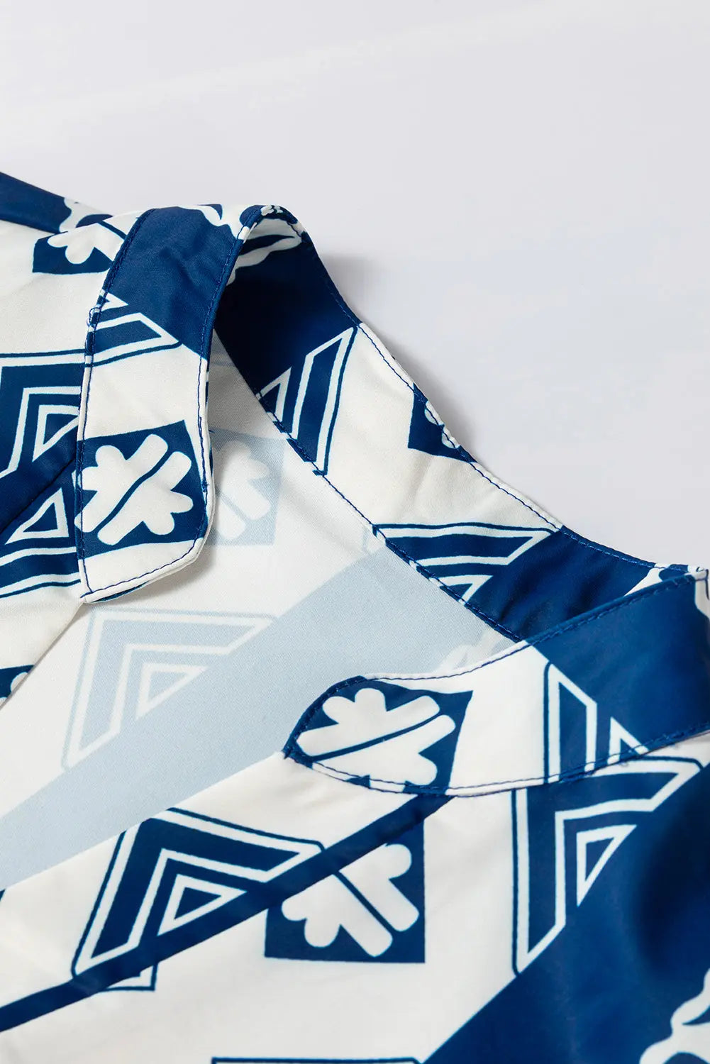 Blue Geometric Print V Neck Ruffled Dress Beagle Boutique Fashion Outlet