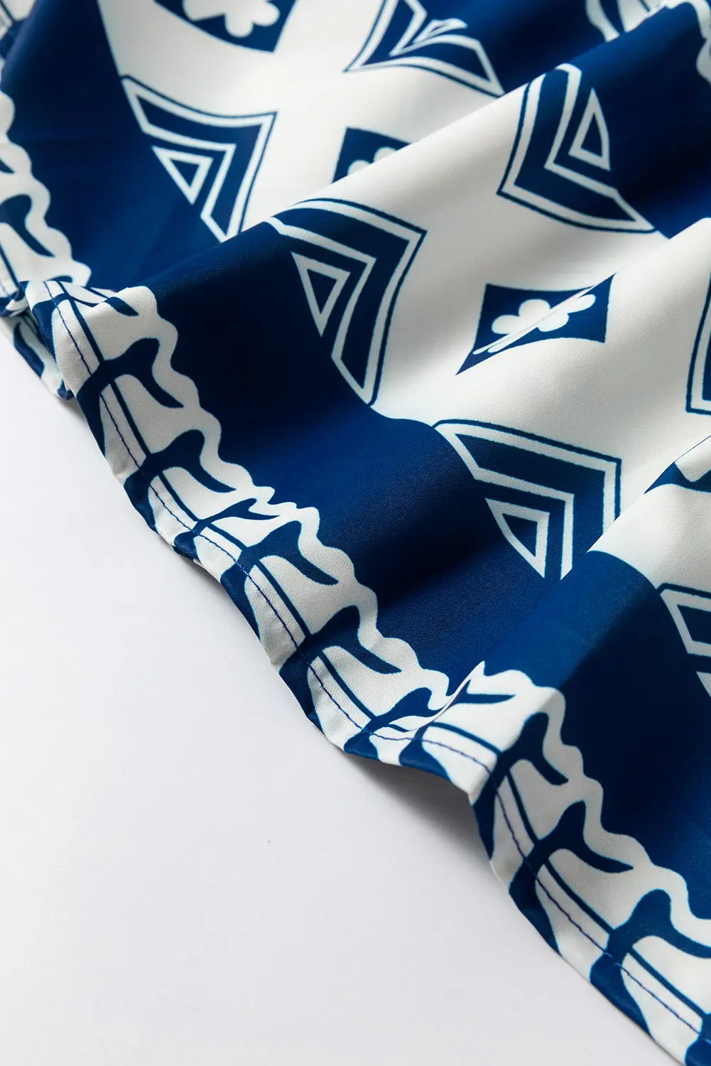 Blue Geometric Print V Neck Ruffled Dress Beagle Boutique Fashion Outlet