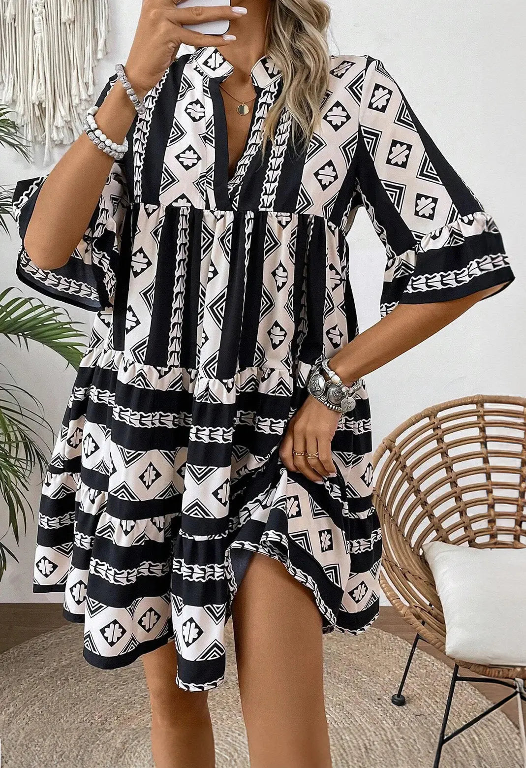 Blue Geometric Print V Neck Ruffled Dress Beagle Boutique Fashion Outlet