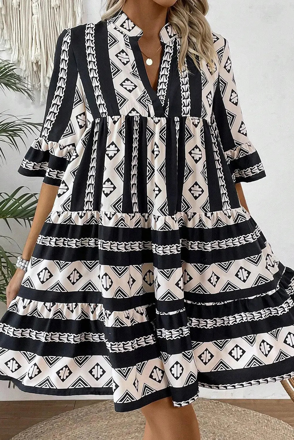 Blue Geometric Print V Neck Ruffled Dress Beagle Boutique Fashion Outlet