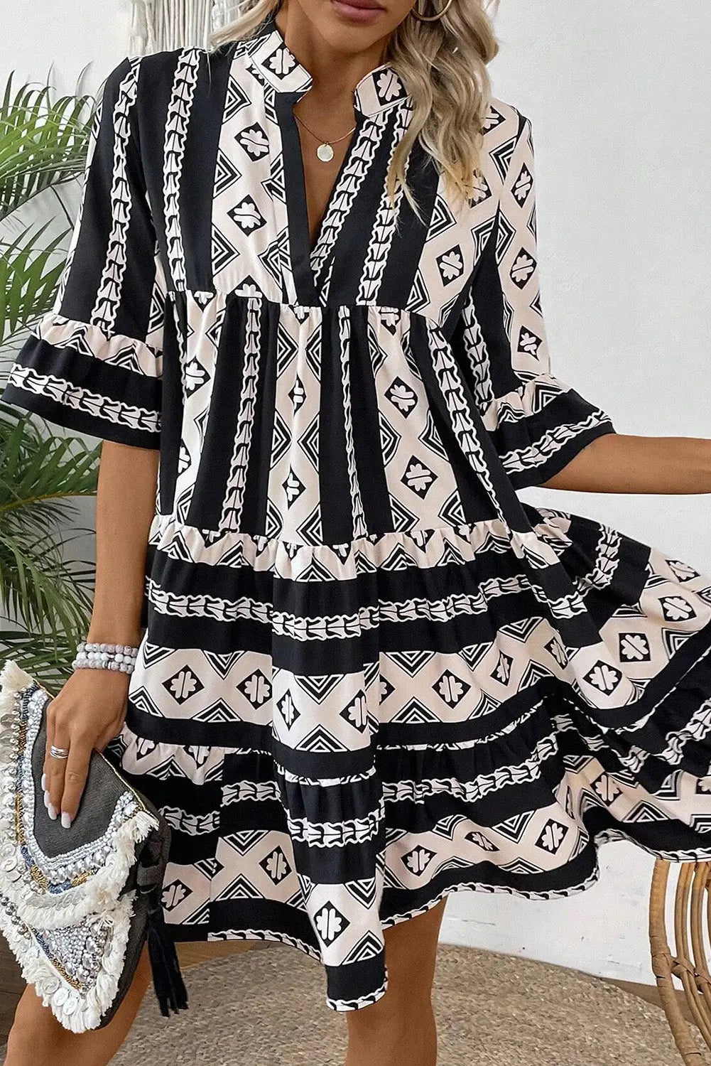 Blue Geometric Print V Neck Ruffled Dress Beagle Boutique Fashion Outlet