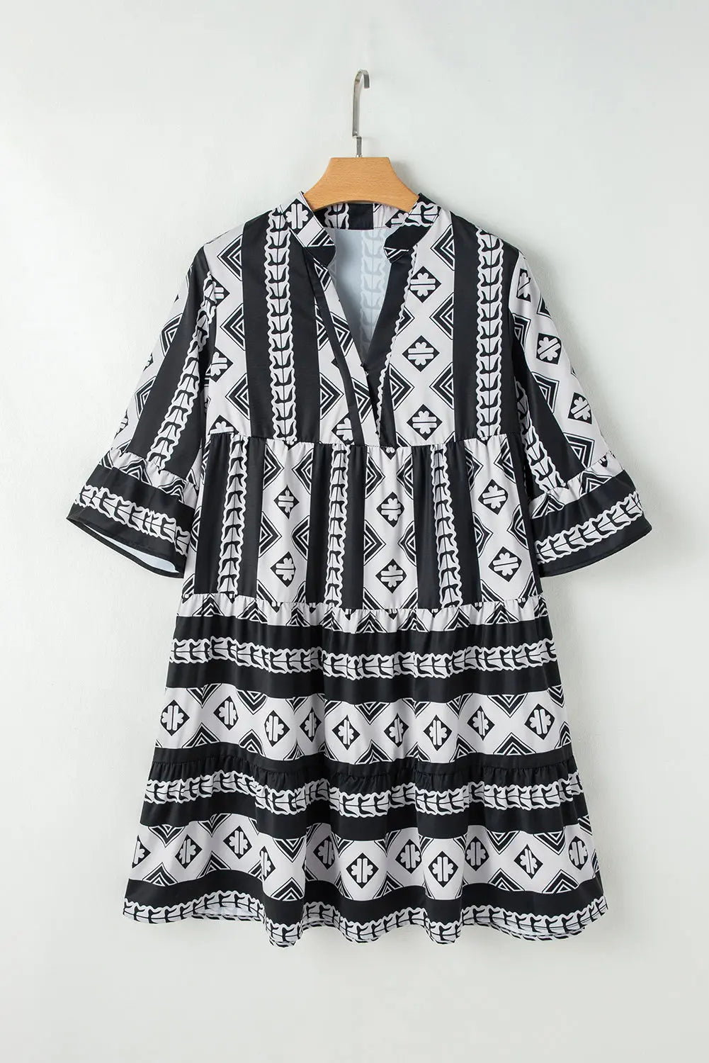 Blue Geometric Print V Neck Ruffled Dress Beagle Boutique Fashion Outlet