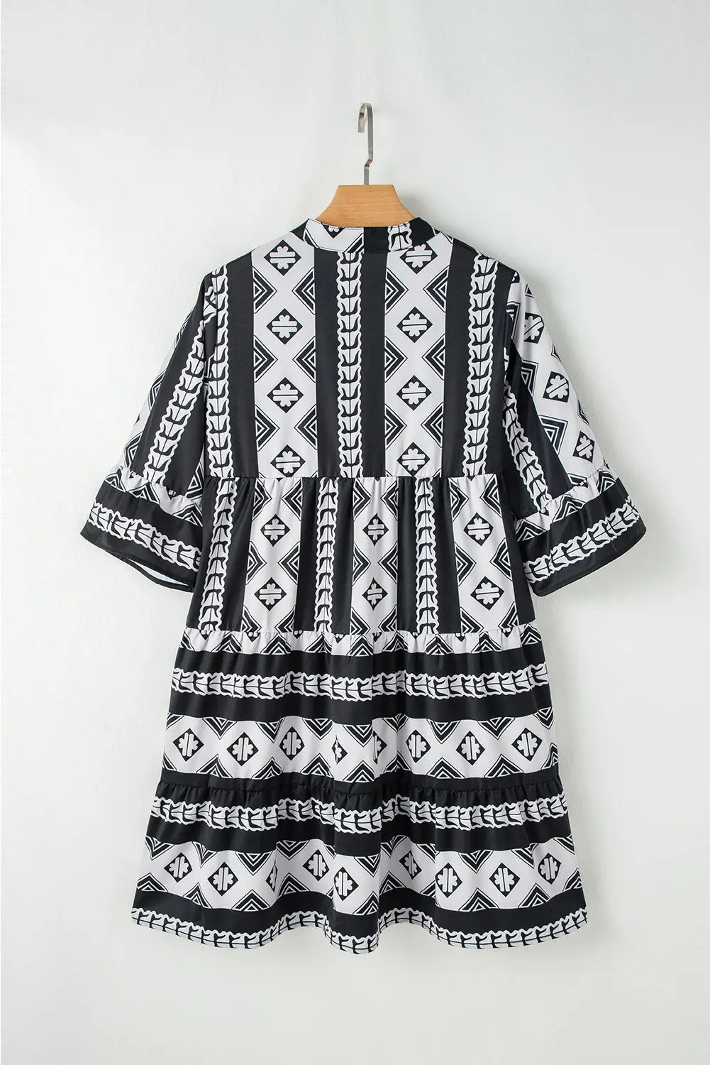 Blue Geometric Print V Neck Ruffled Dress Beagle Boutique Fashion Outlet