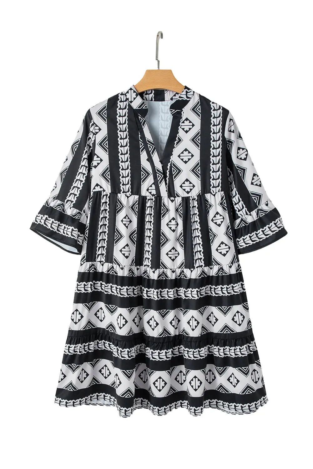 Blue Geometric Print V Neck Ruffled Dress Beagle Boutique Fashion Outlet