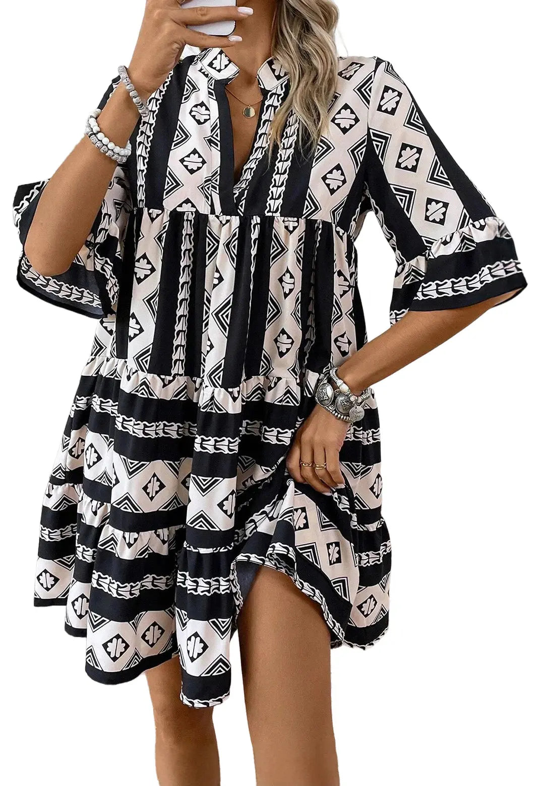 Blue Geometric Print V Neck Ruffled Dress Beagle Boutique Fashion Outlet