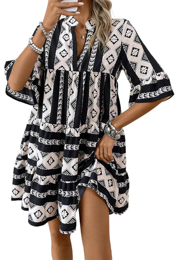 Blue Geometric Print V Neck Ruffled Dress Beagle Boutique Fashion Outlet