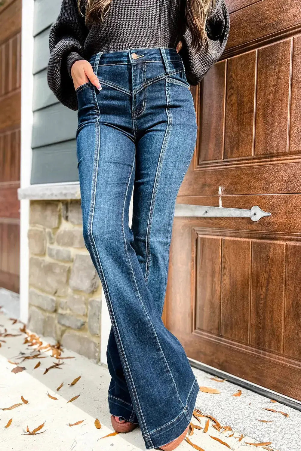 Blue High Waist Seam Stitching Pocket Flare Jeans eAura