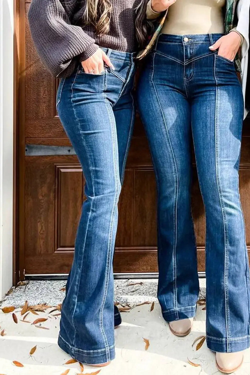 Blue High Waist Seam Stitching Pocket Flare Jeans eAura