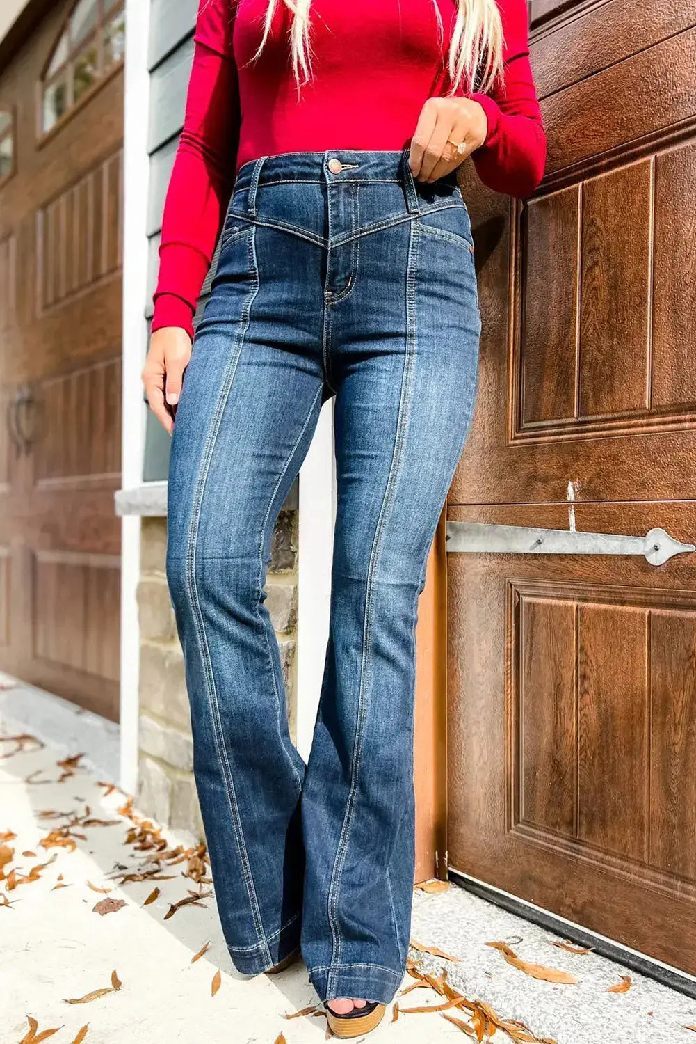 Blue High Waist Seam Stitching Pocket Flare Jeans eAura
