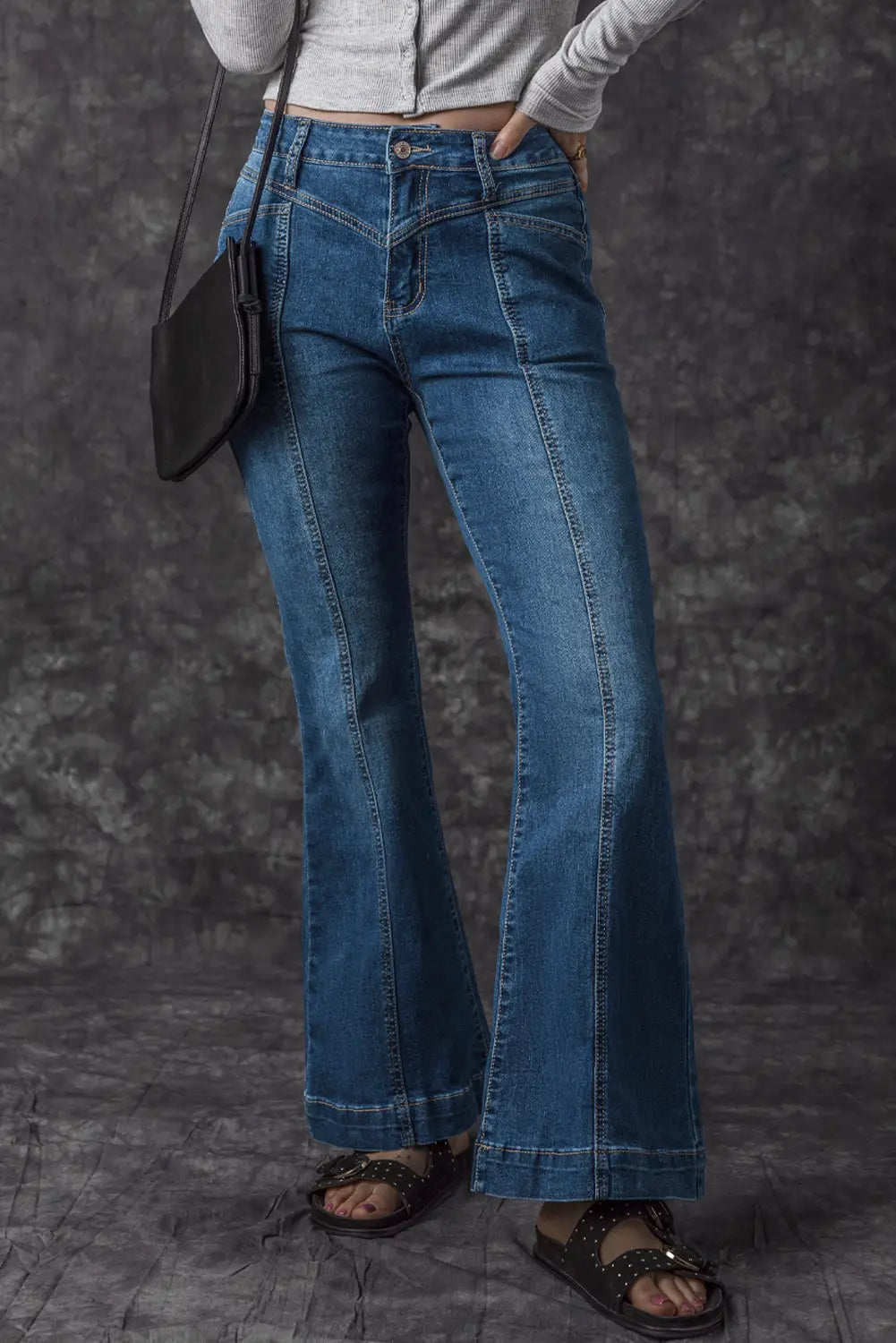 Blue High Waist Seam Stitching Pocket Flare Jeans eAura