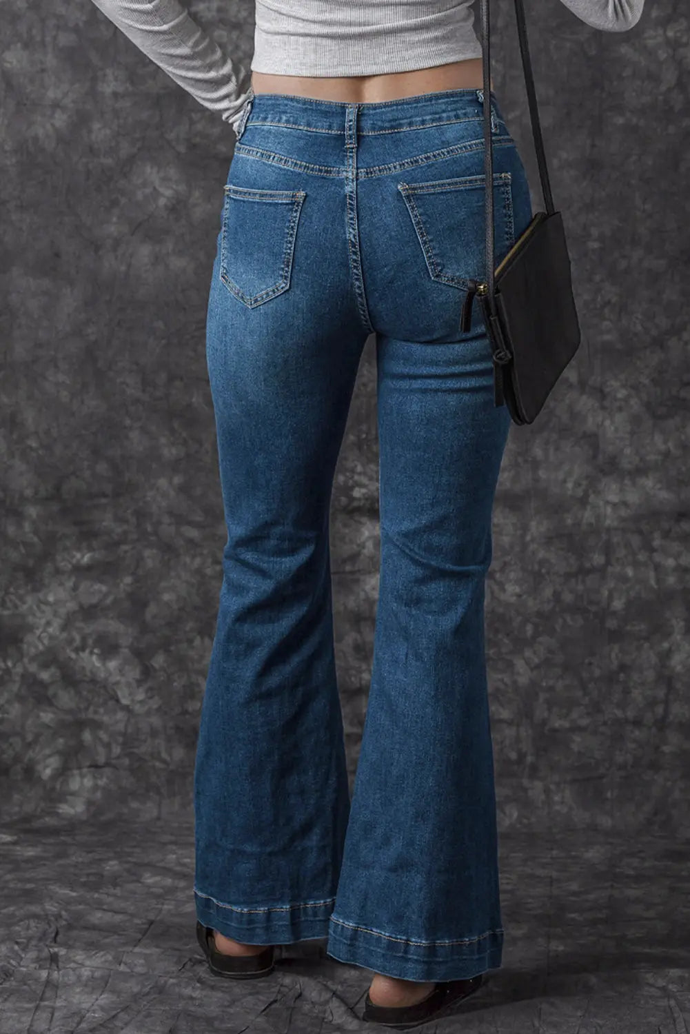 Blue High Waist Seam Stitching Pocket Flare Jeans eAura