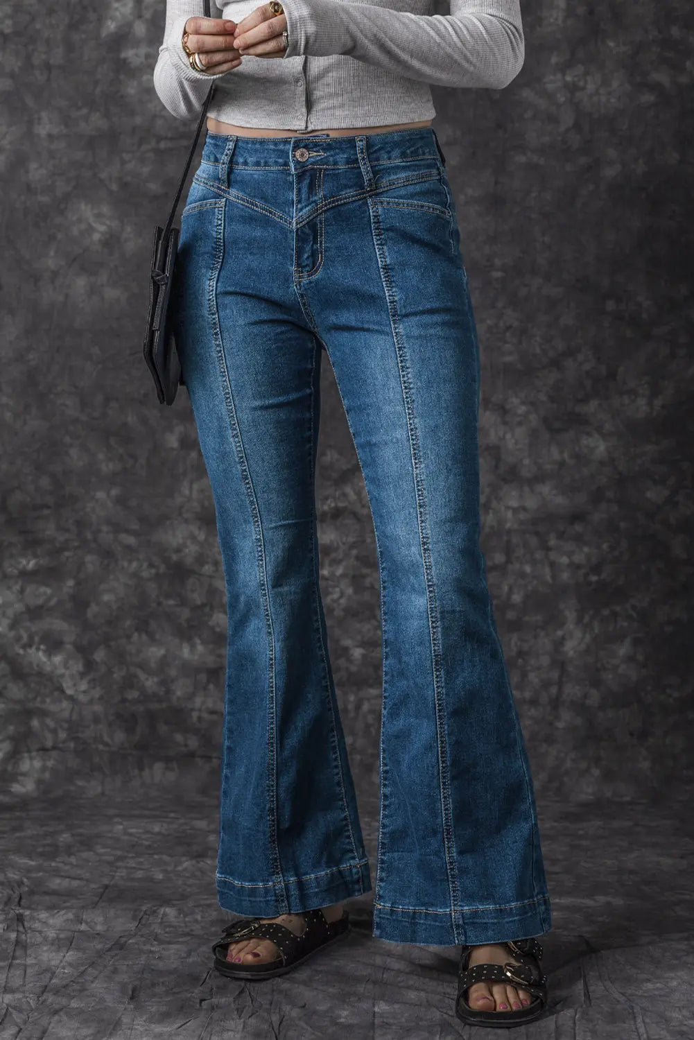Blue High Waist Seam Stitching Pocket Flare Jeans eAura