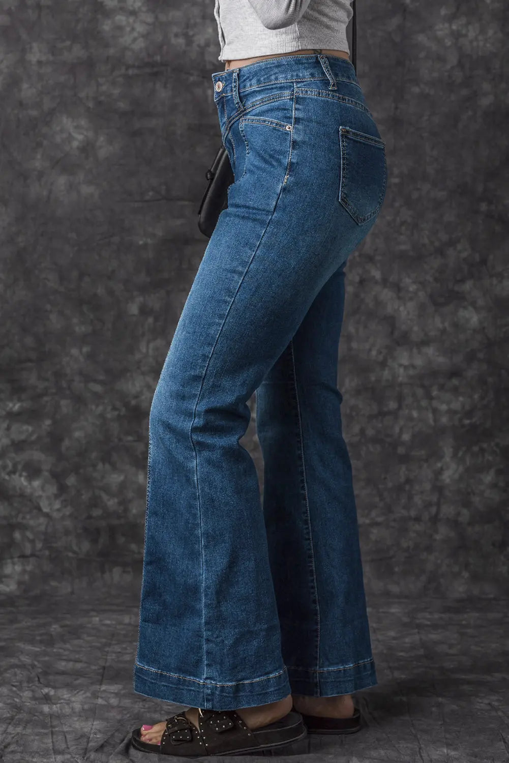 Blue High Waist Seam Stitching Pocket Flare Jeans eAura