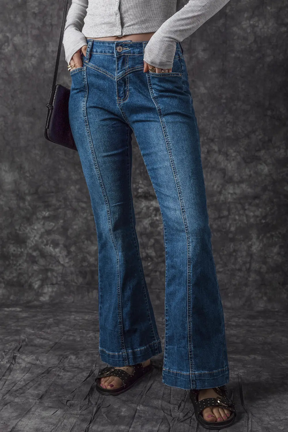 Blue High Waist Seam Stitching Pocket Flare Jeans eAura